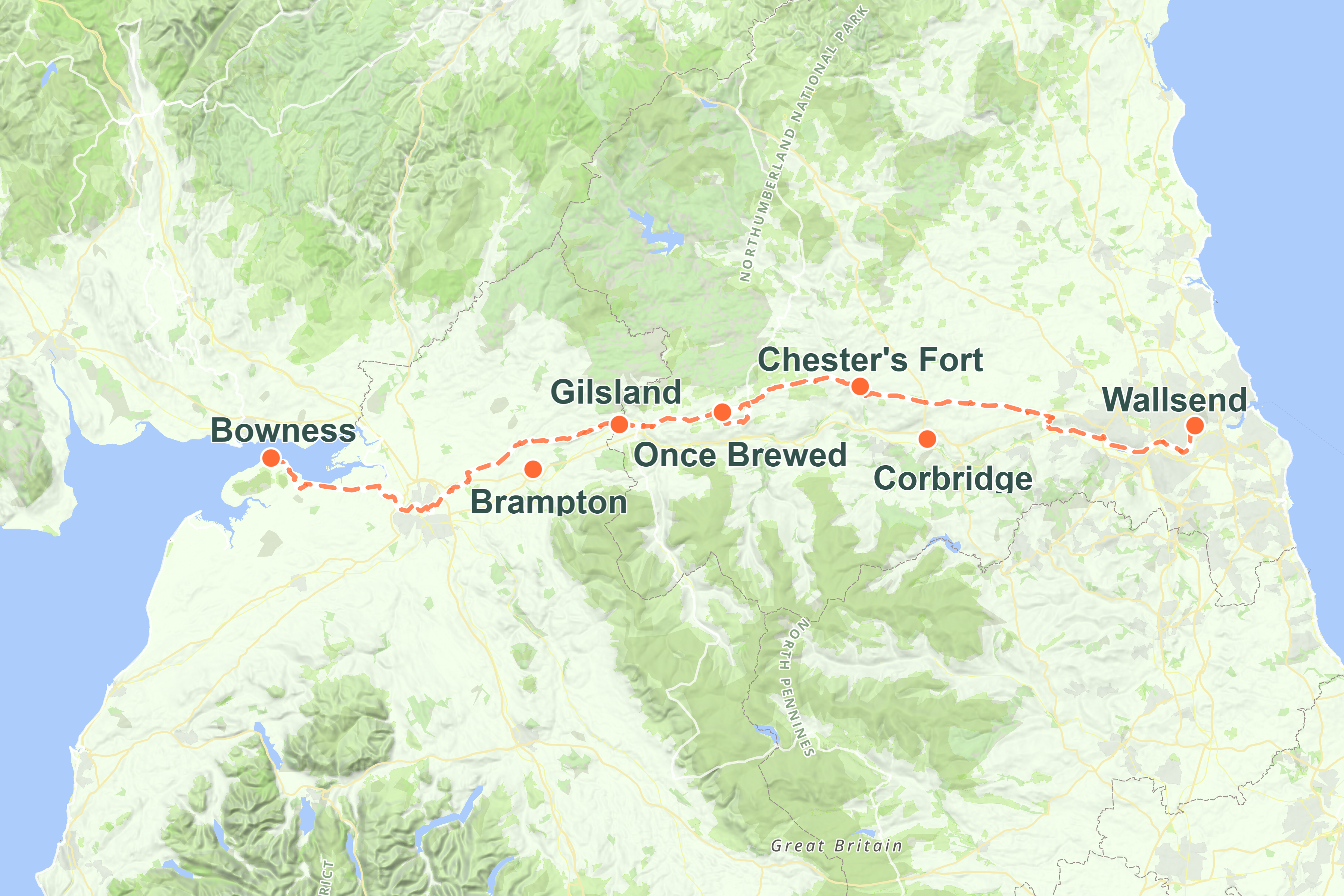 Overview map of Hadrian's Wall Path Walking holiday route