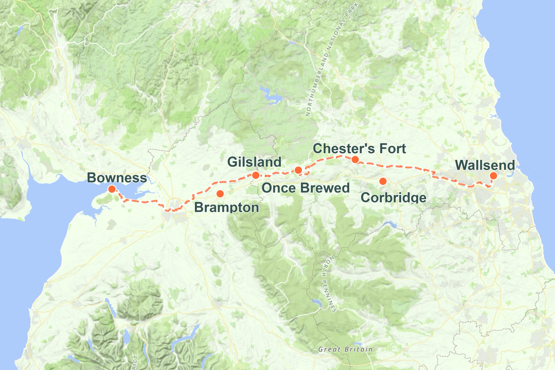 Map of Hadrian’s Wall Path route from Wallsend to Bowness-on-Solway