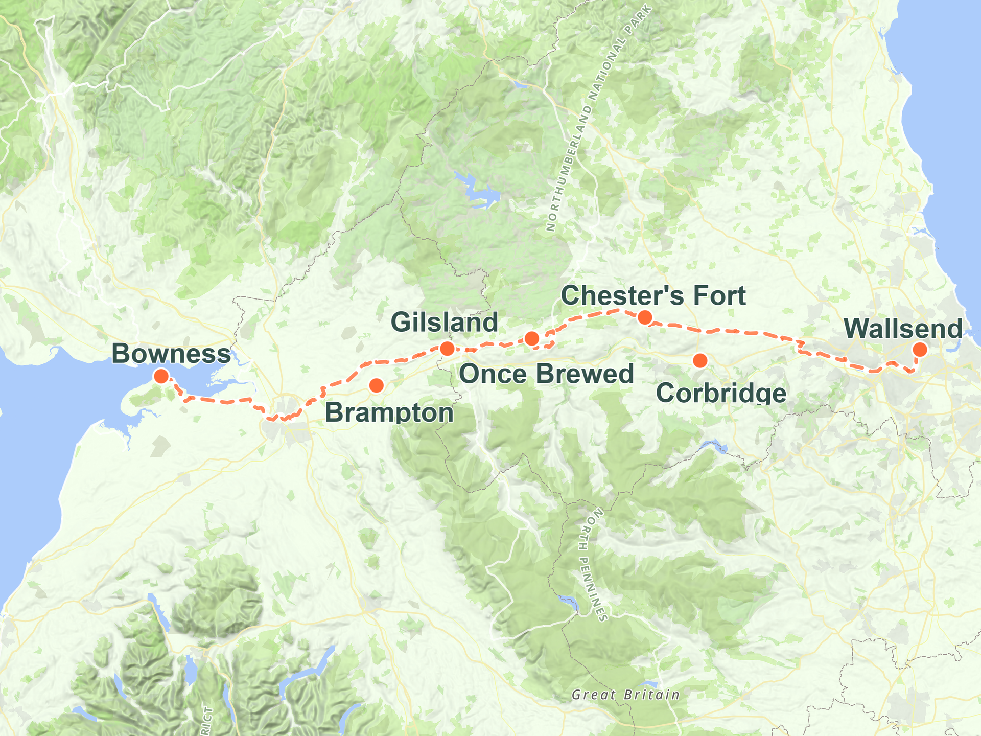 Map of Hadrian’s Wall Path route from Wallsend to Bowness-on-Solway