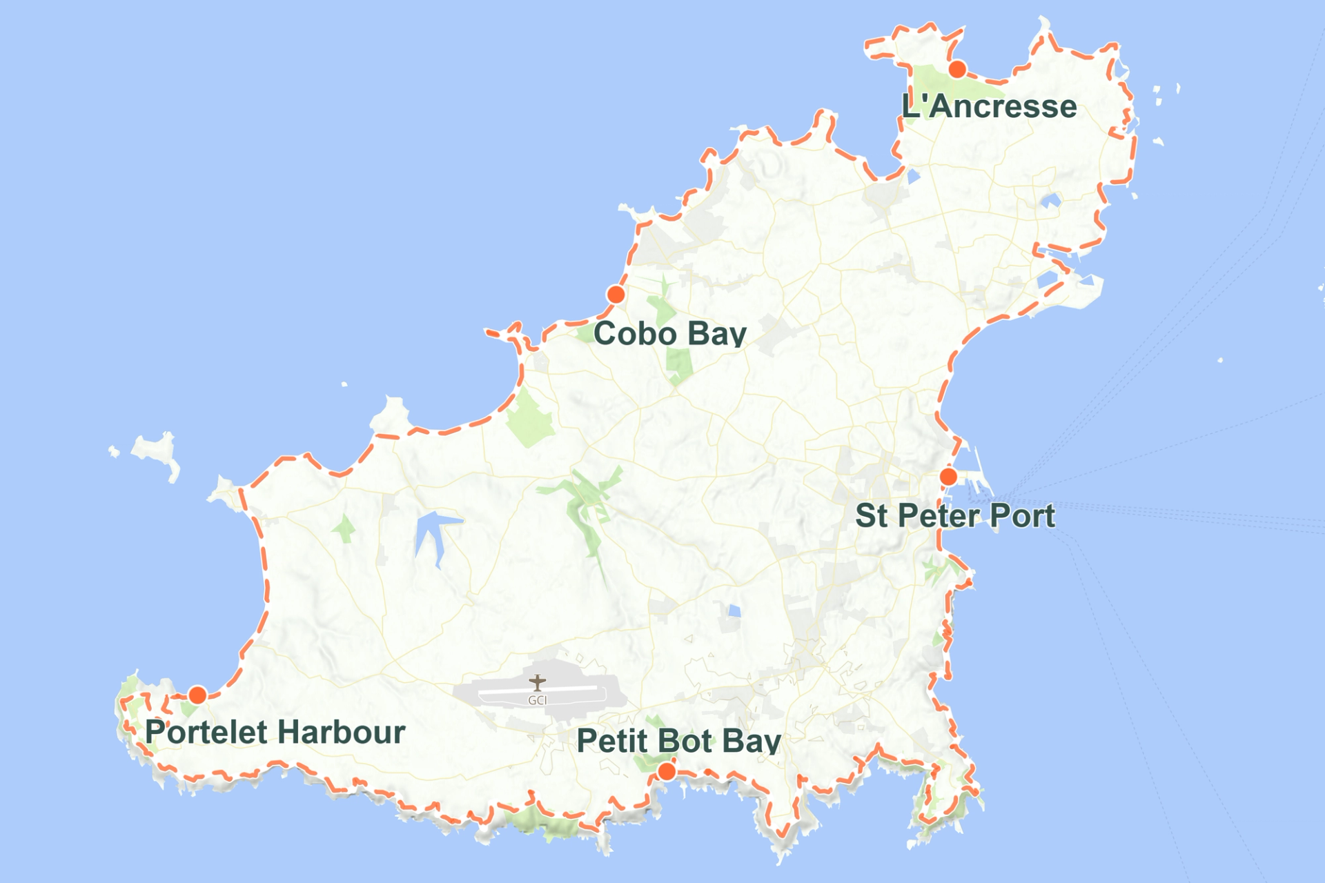Overview map of the Guernsey coastal walking holiday route