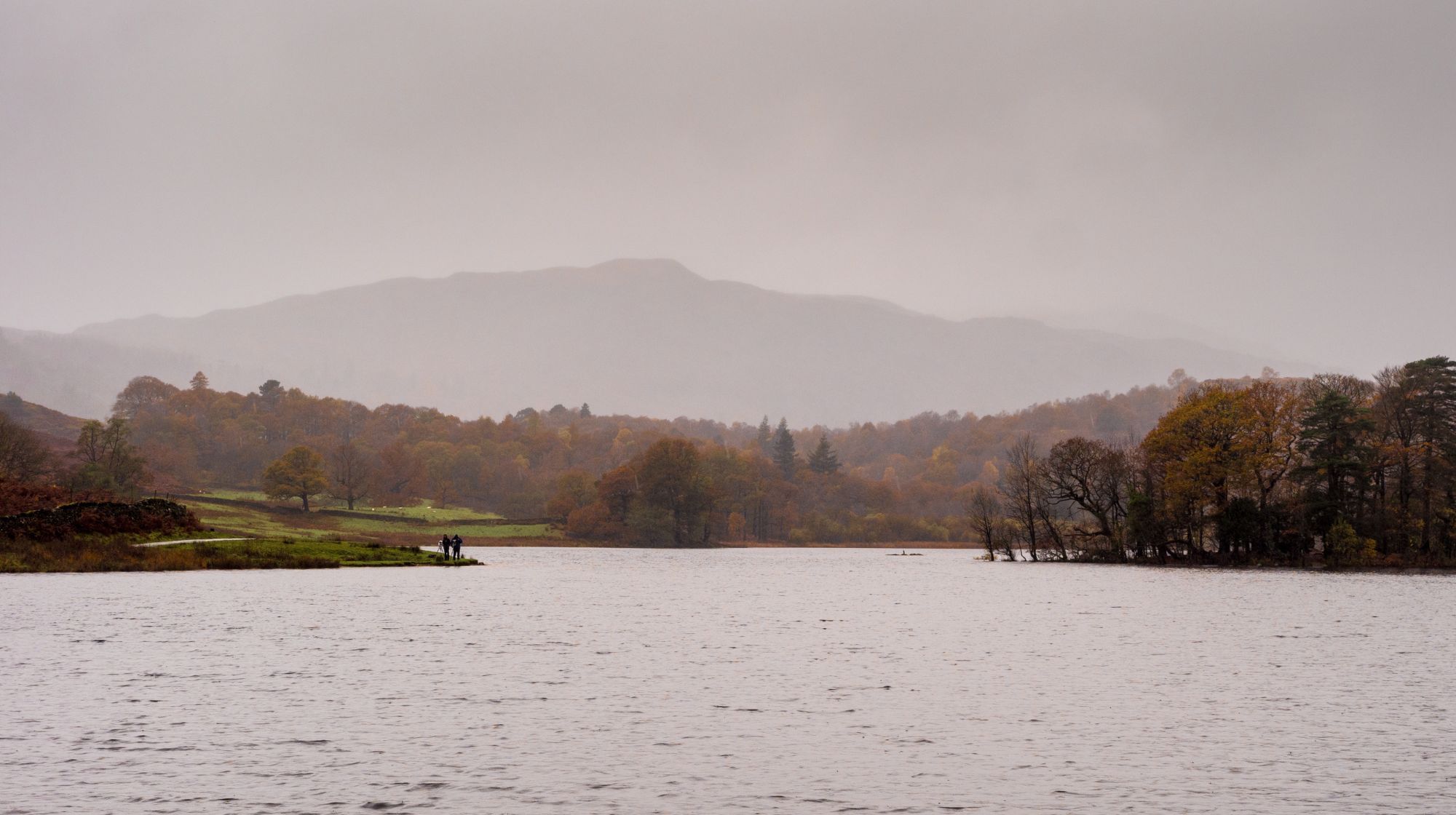 A wide view of a lake with forested shores and mountains in the distance under an overcast sky