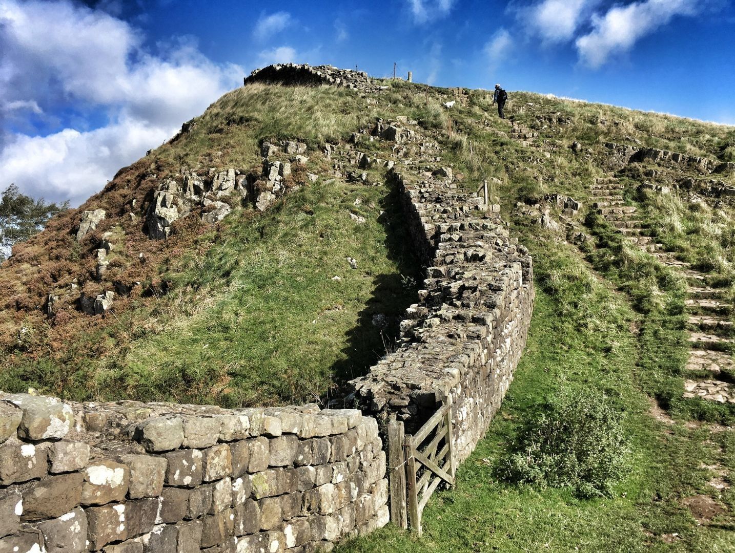 Walker following Hadrian's Wall through the dramatic central section near Housesteads