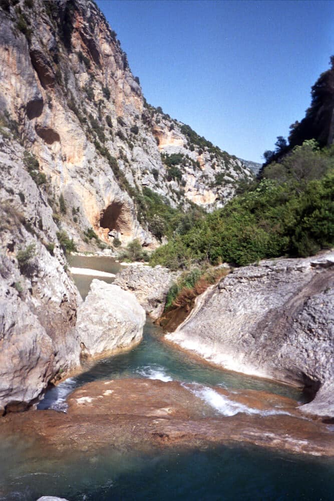 Turquoise river pool and limestone gorge in the Sierra de Guara, Aragon