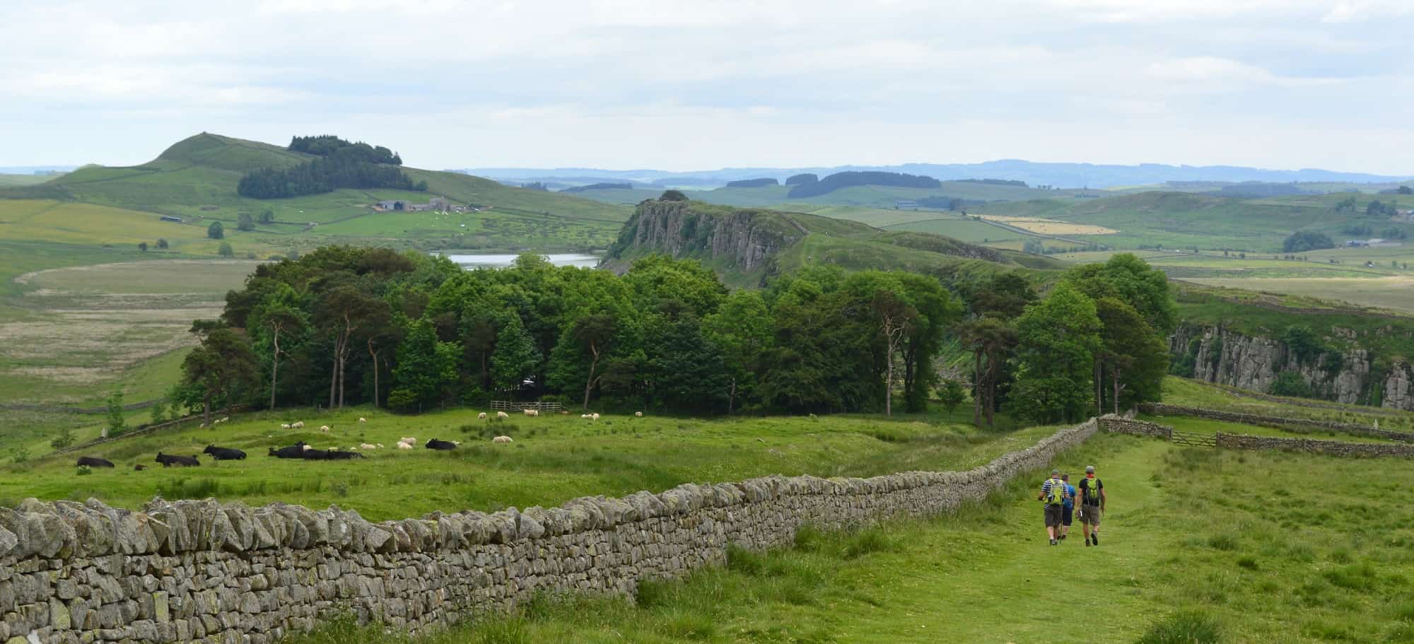 Walkers following Hadrian’s Wall across Northumberland farmland towards the Whin Sill ridge