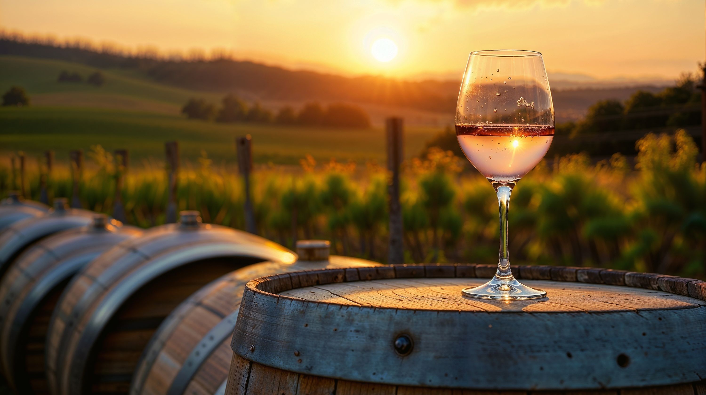 A glass of rosé wine sits on a wooden barrel with a vineyard and sunset in the background.