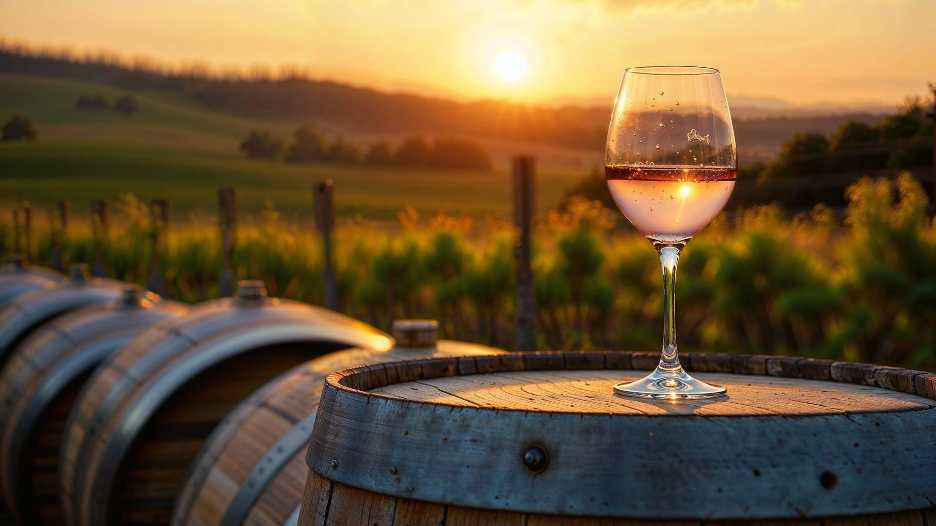 A glass of rosé wine sits on a wooden barrel with a vineyard and sunset in the background.