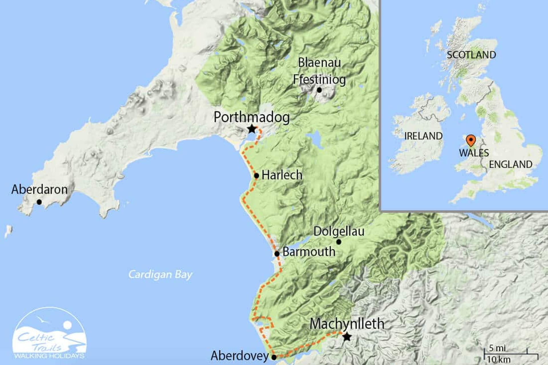 Map of Meirionnydd Coast Path Walking Holiday