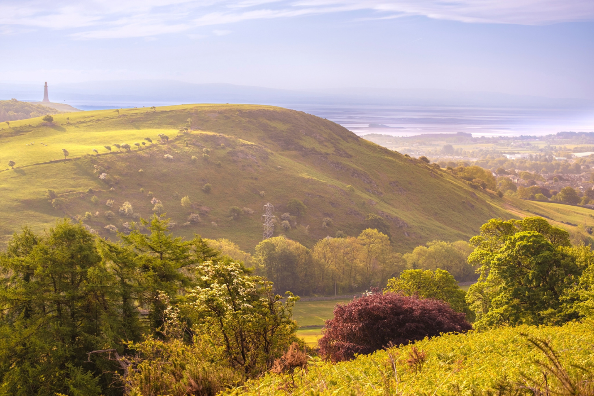 Hoad Monument above Ulverston with Morecambe Bay beyond.