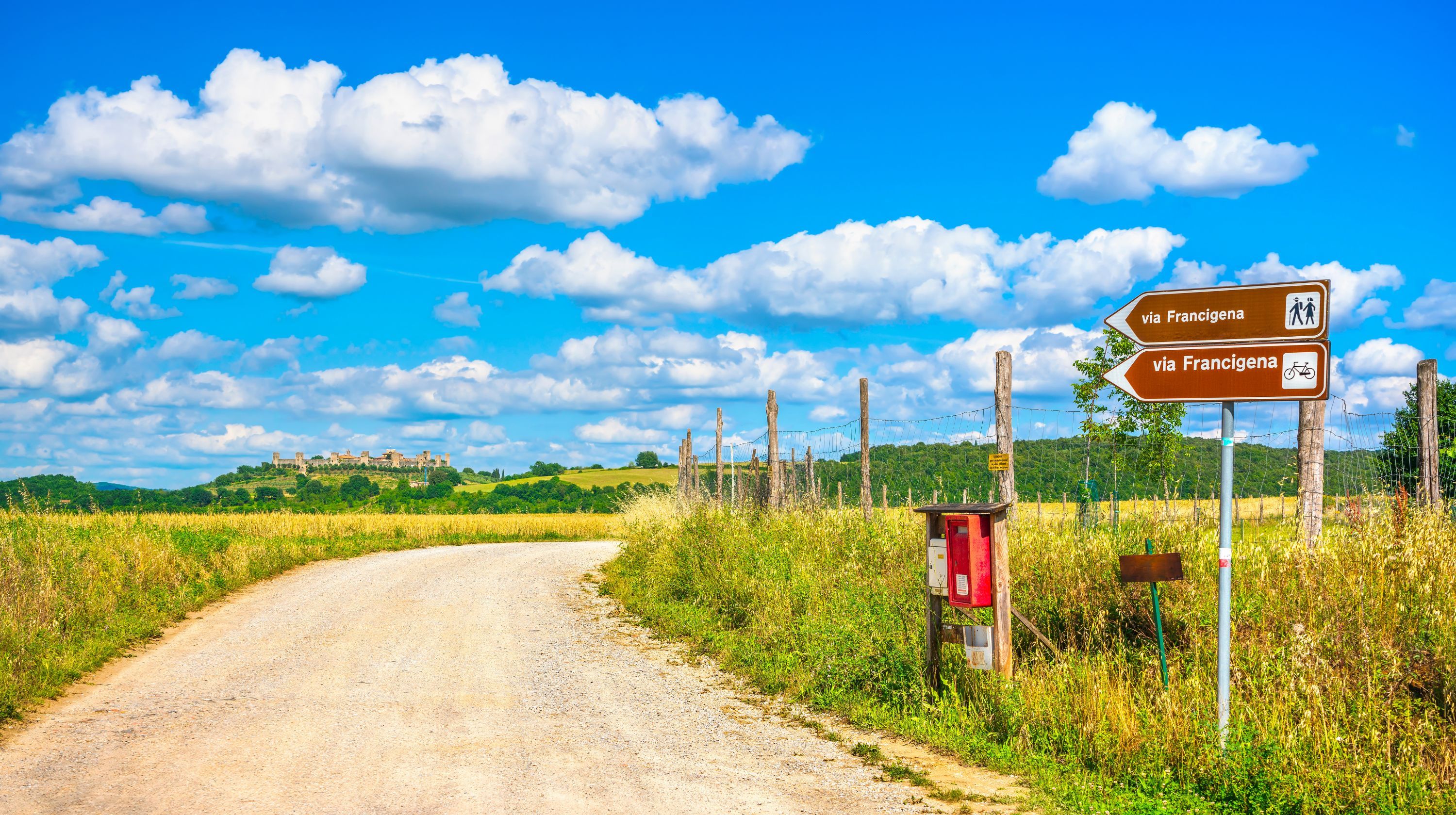 A dirt road curves through a grassy field under a bright blue sky with fluffy white clouds. A signpost indicates directions to "via Francigena" for both walking and cycling.
