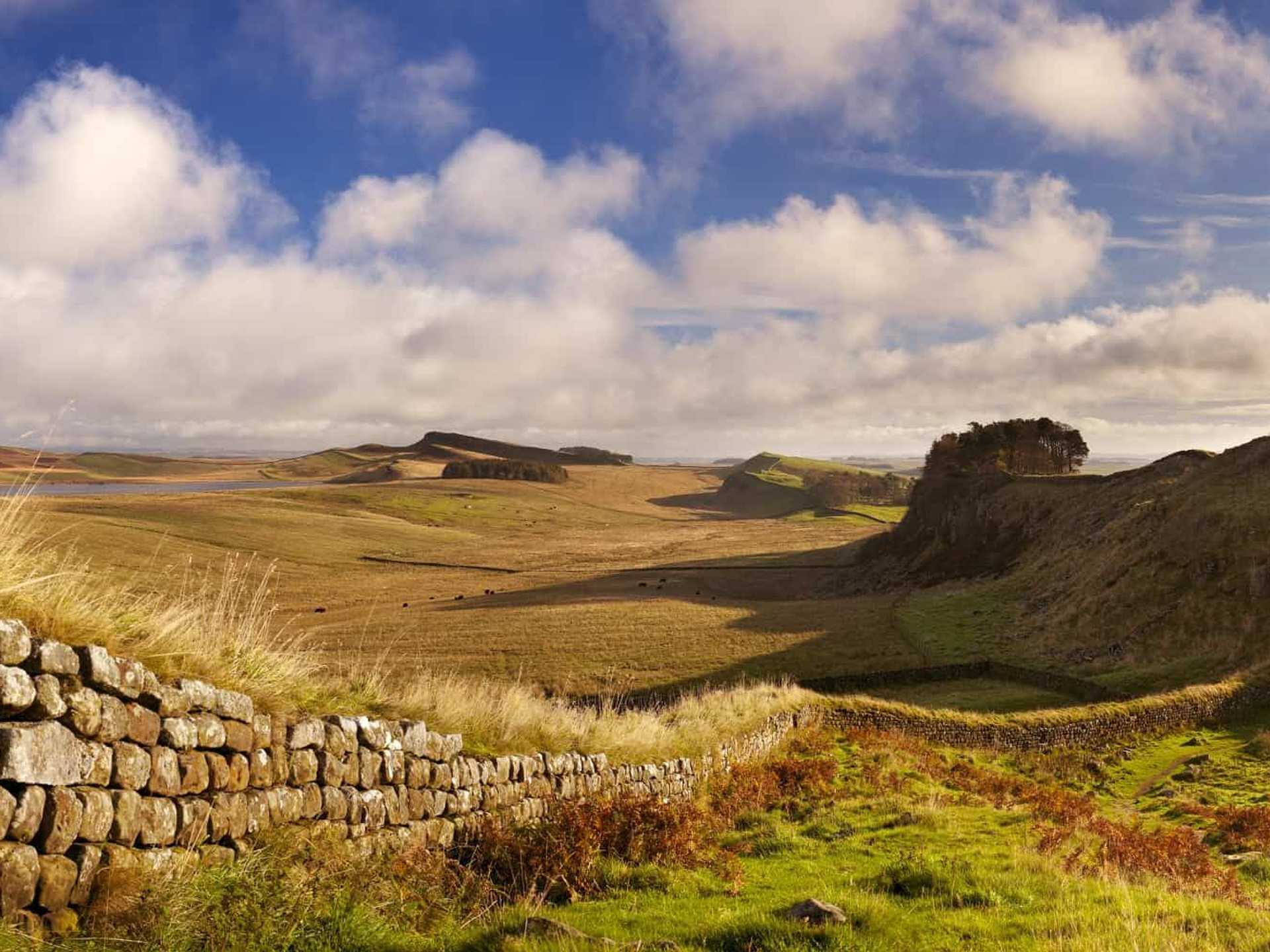 Hadrian's Wall crossing the dramatic crags and moorland of Northumberland