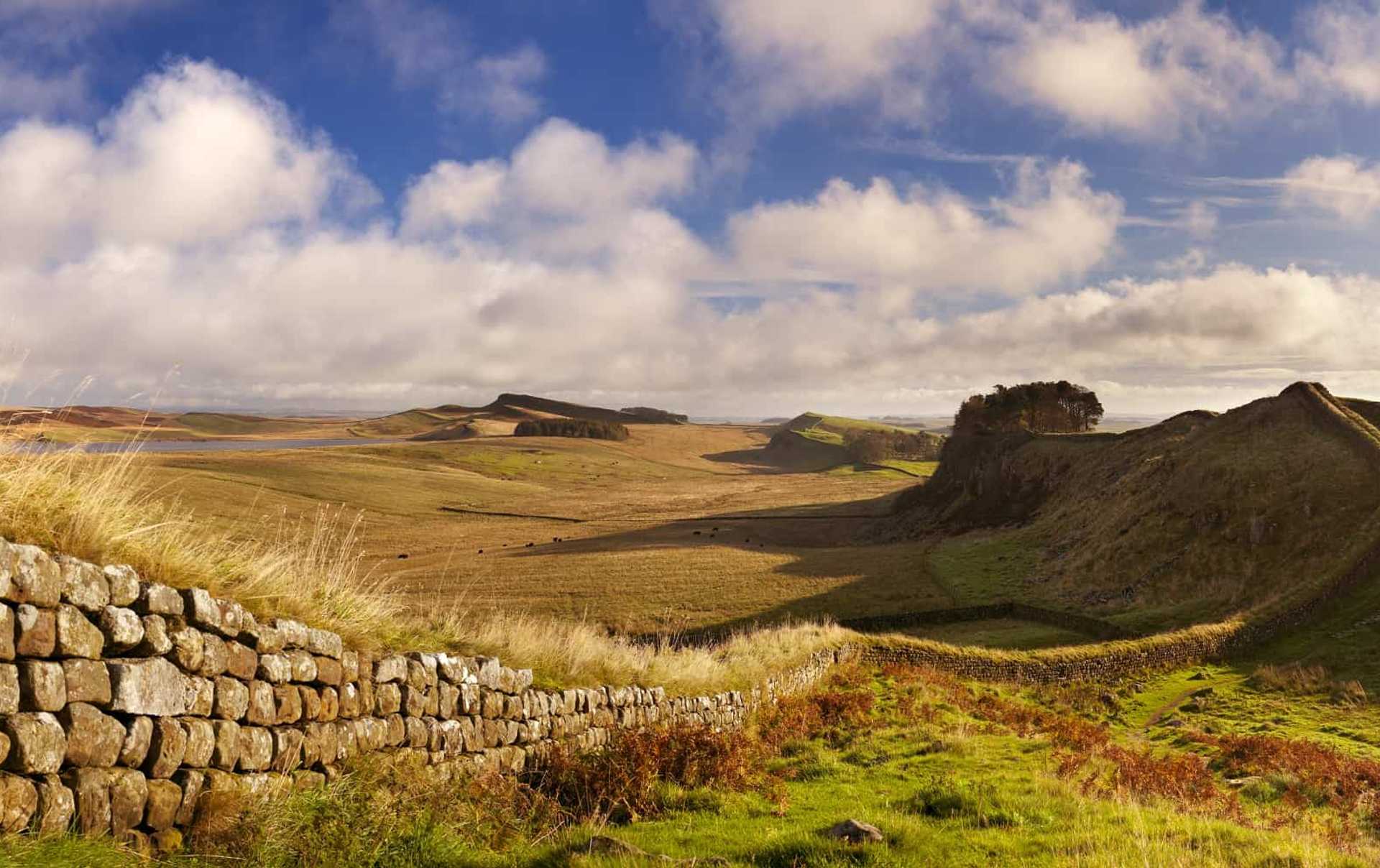 Hadrian’s Wall winding across the Whin Sill ridge in Northumberland countryside
