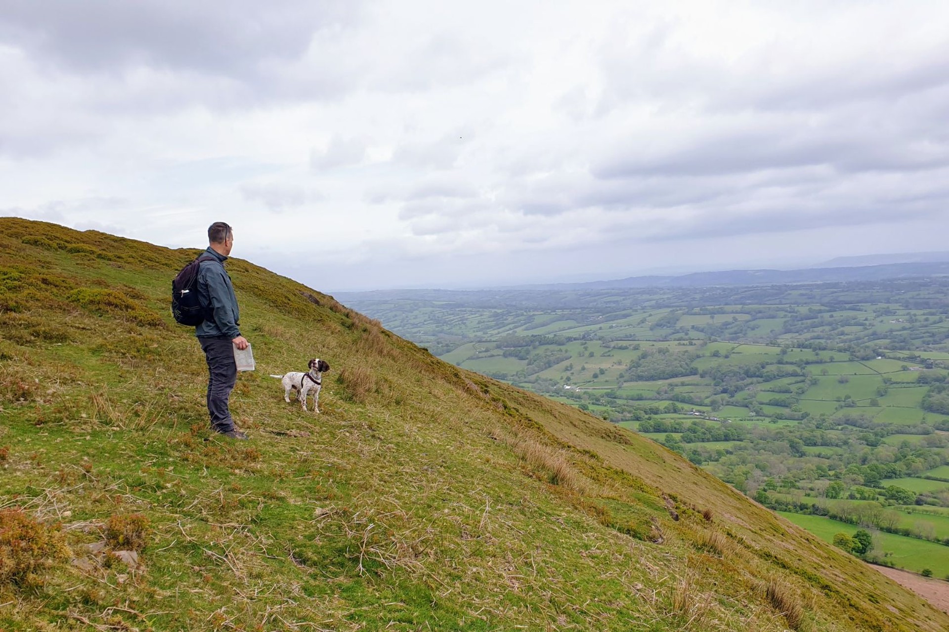 Walker with dog enjoying countryside views from a grassy hillside trail under cloudy skies.