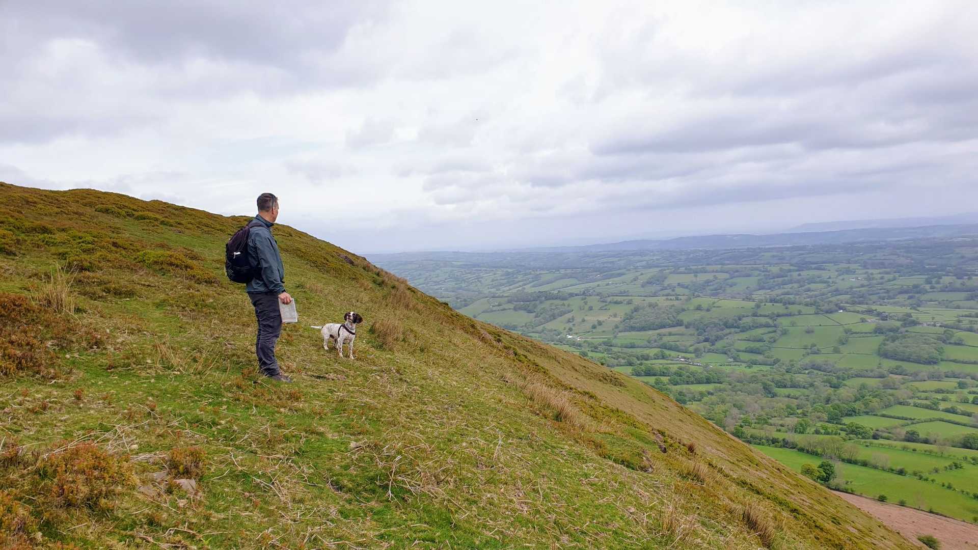 A person with a backpack and a dog stand on a grassy hillside overlooking a valley of green fields under a cloudy sky.