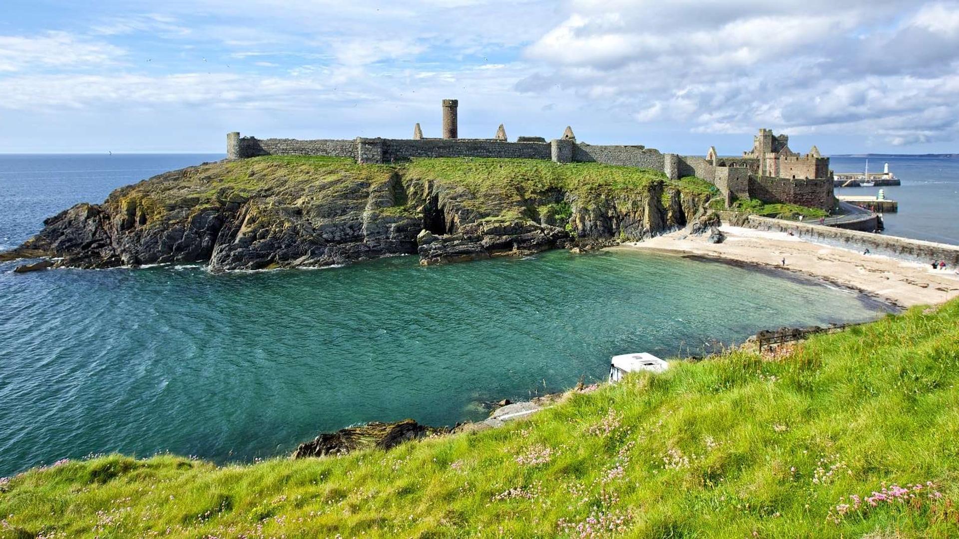 Peel Castle, connected to the town by causeway