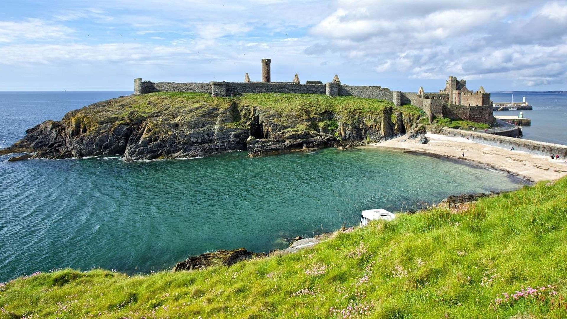 Peel Castle, connected to the town by causeway