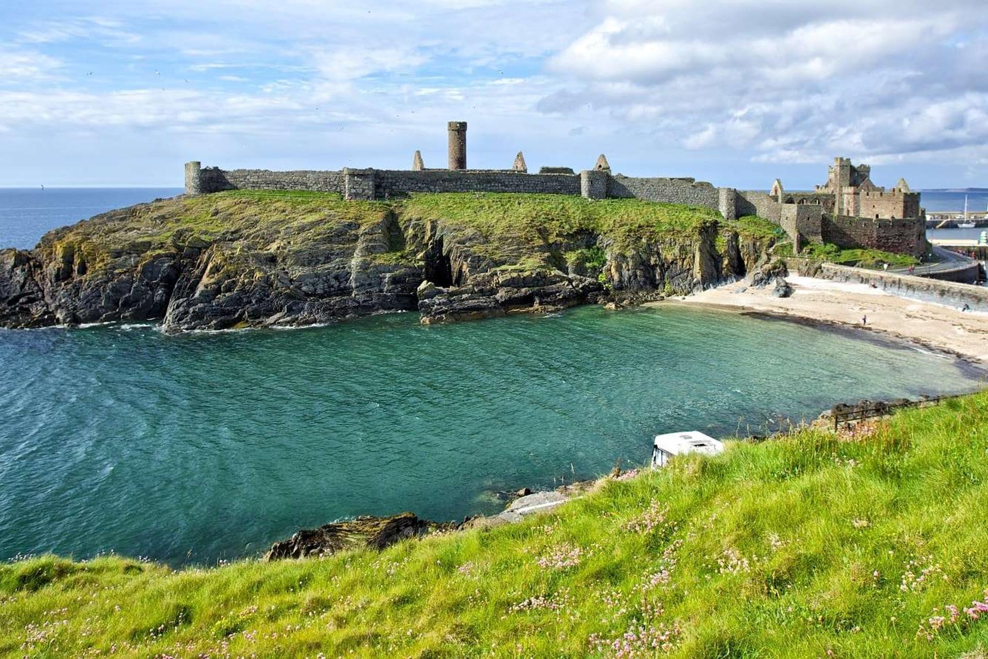 Peel Castle, connected to the town by causeway