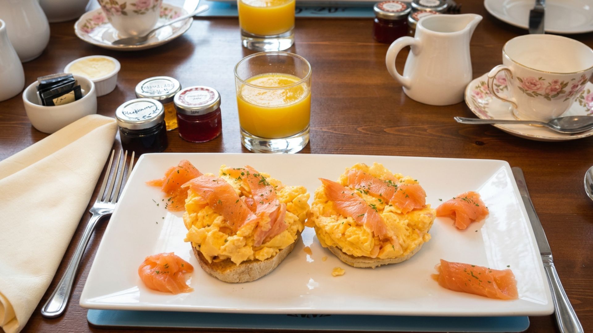 Breakfast of scrambled eggs and smoked salmon before a day of walking.