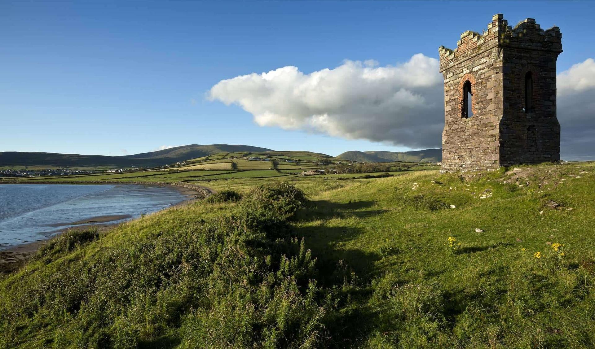 Walking holidays ireland, old stone watchtower Dingle Bay, The Dingle Way