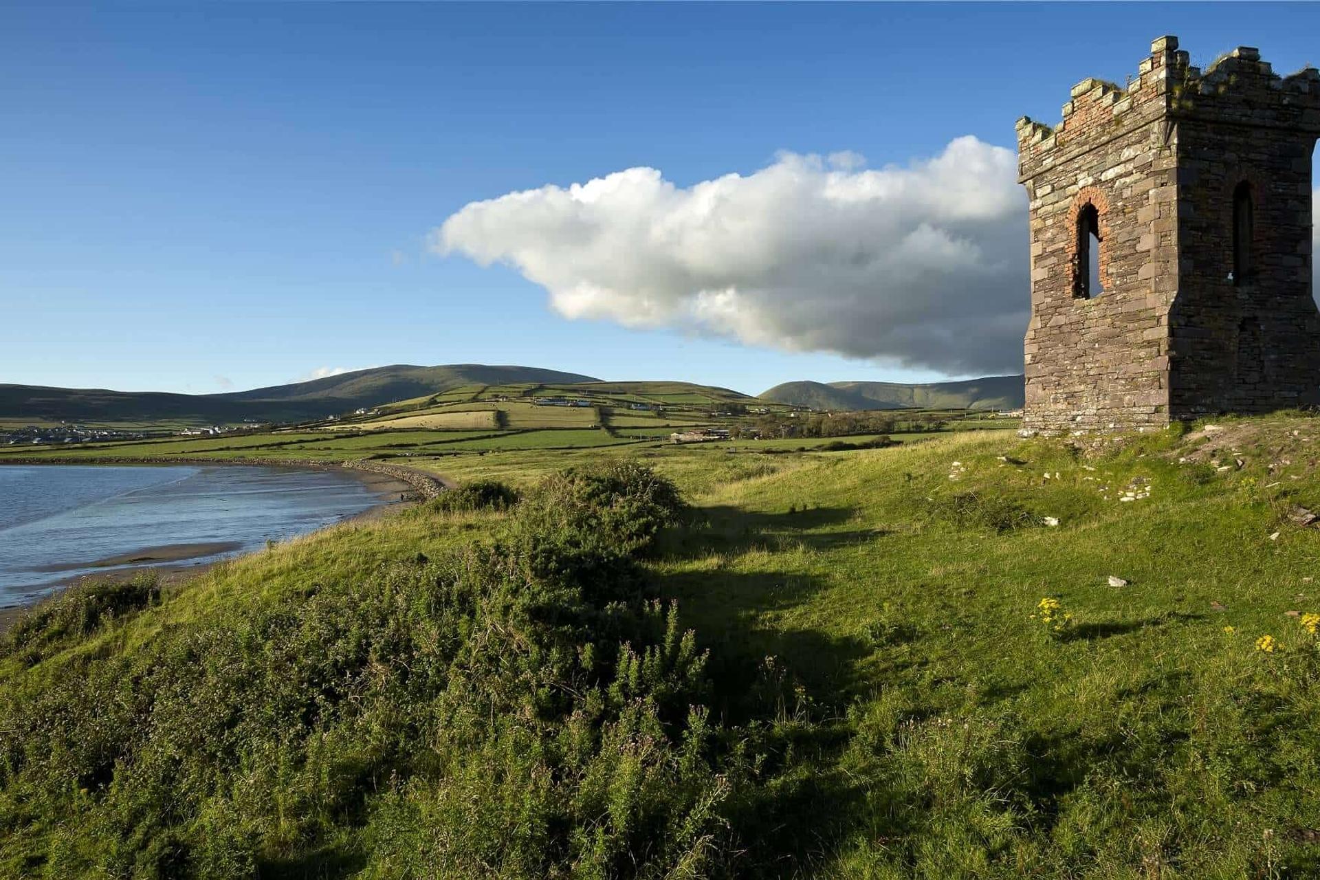 Walking holidays ireland, old stone watchtower Dingle Bay, The Dingle Way