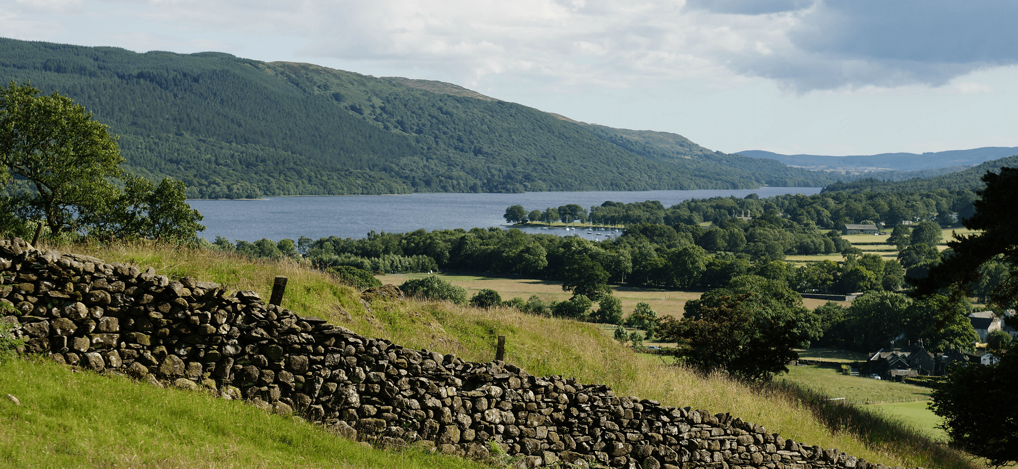 View over Lake Windermere from the Dales Way, framed by dry stone walls and Lake District fells.