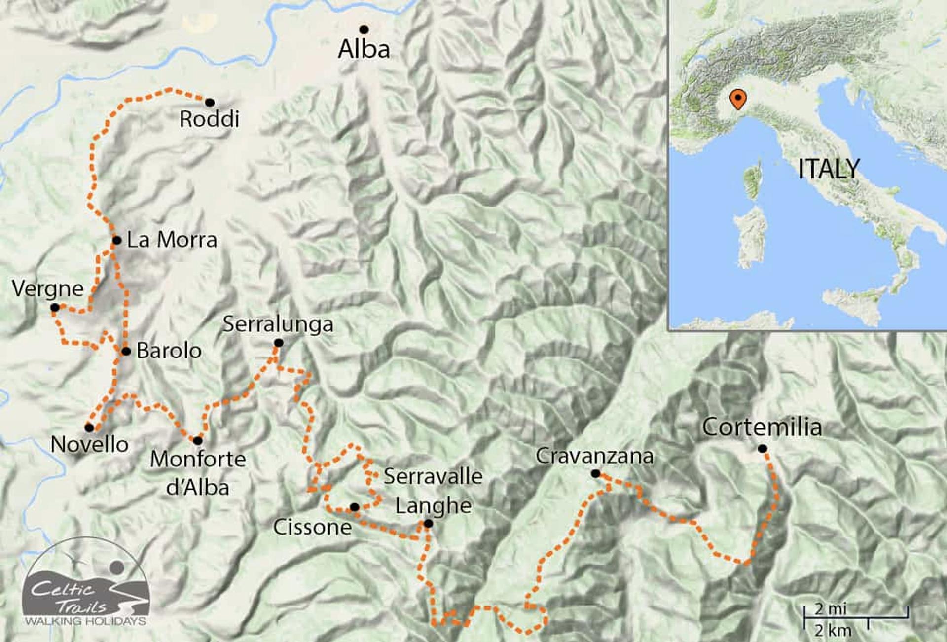 Our map of walking routes in Piedmont