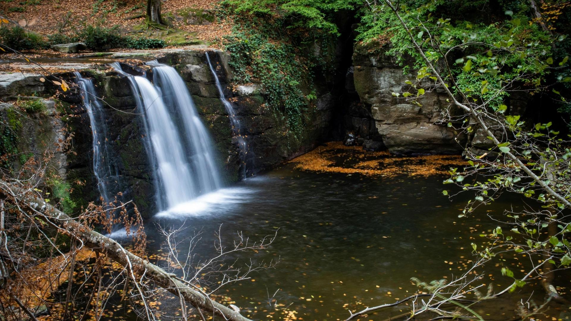 A serene waterfall cascades down mossy rocks into a dark pool, surrounded by autumn foliage and lush green trees.
