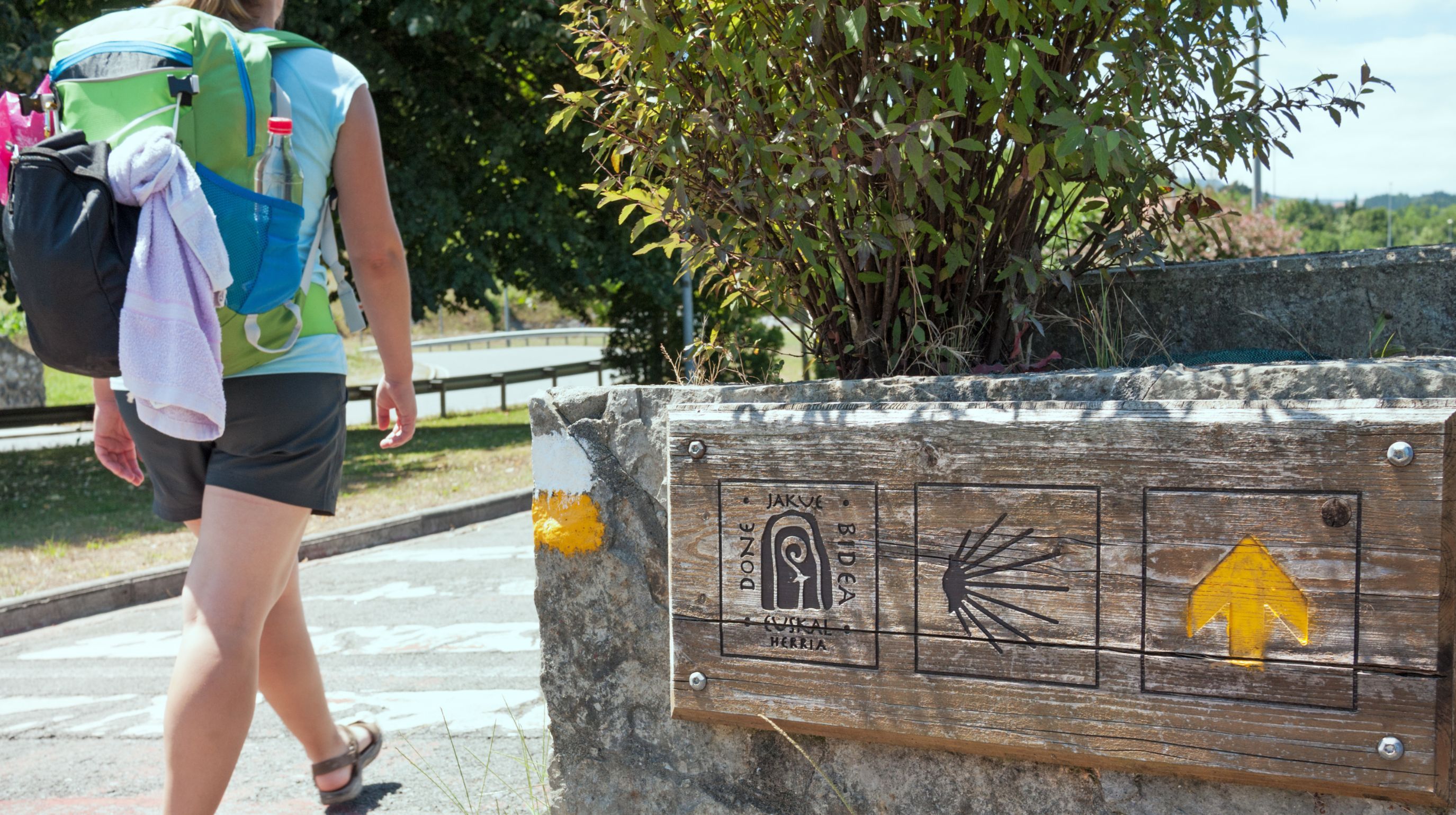 A person with a backpack walks past a wooden signpost with symbols indicating a path, along the Camino De Santiago trail