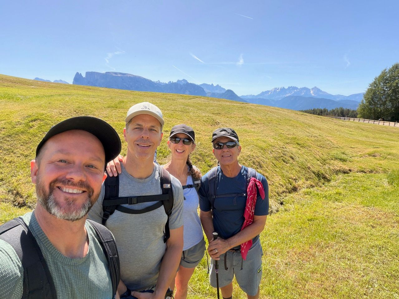 Walkers wearing hats, sunglasses and lightweight clothing on a sunny walking holiday