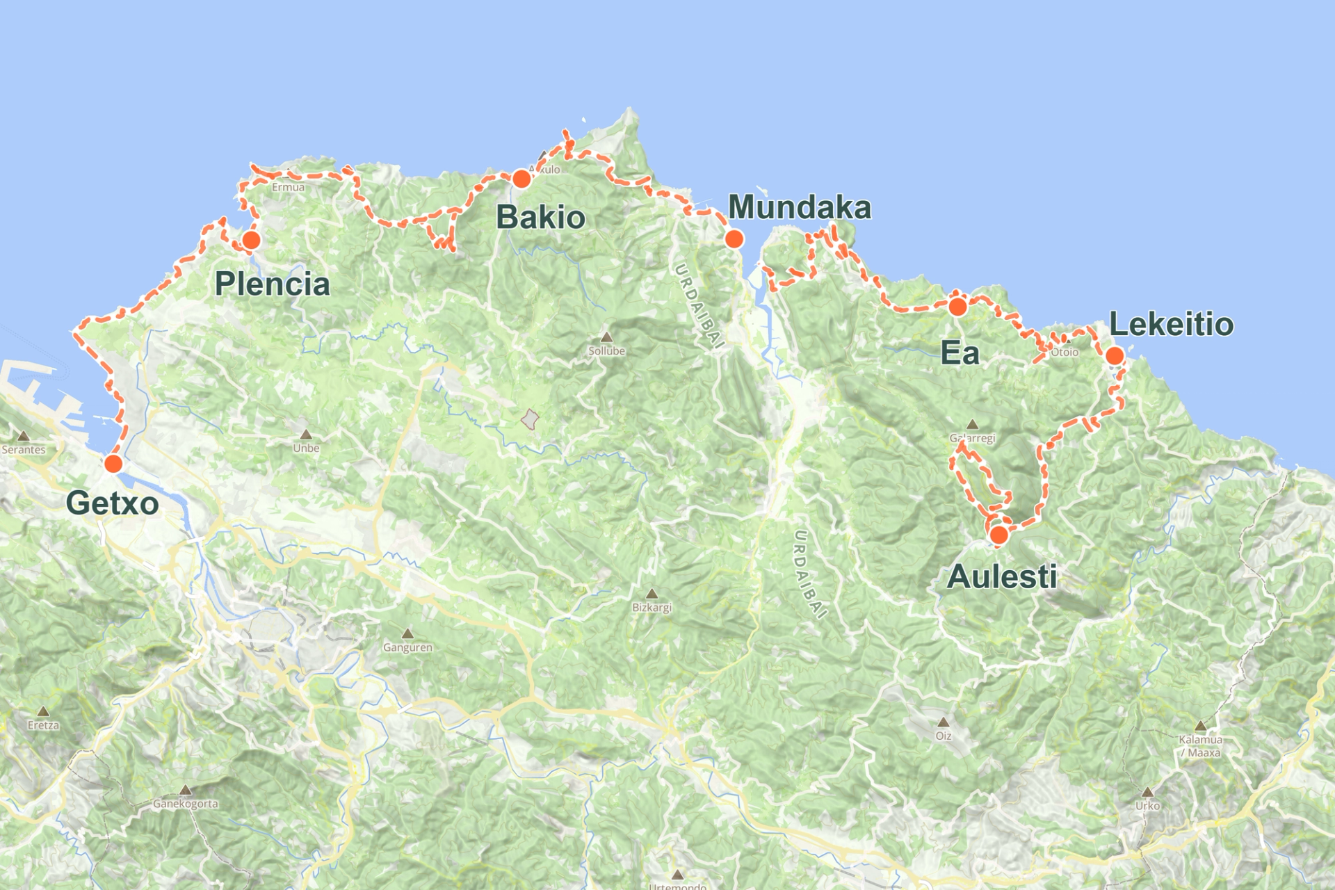 Basque Coast walking route map from Getxo to Lekeitio including Plentzia, Bakio, Mundaka and Ea coastal path