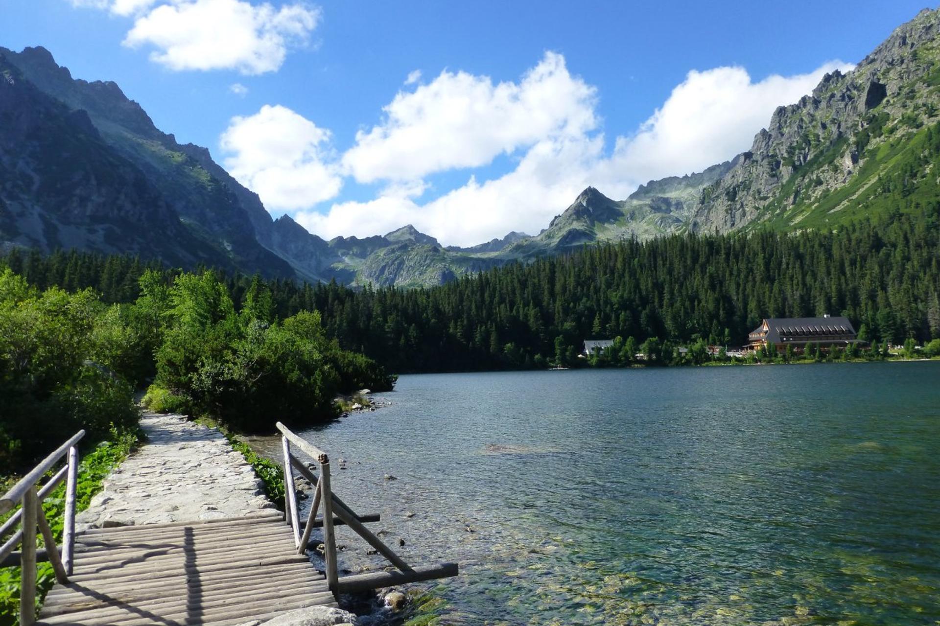 Štrbské Pleso mountain lake with surrounding forest and High Tatras peaks reflected in the water
