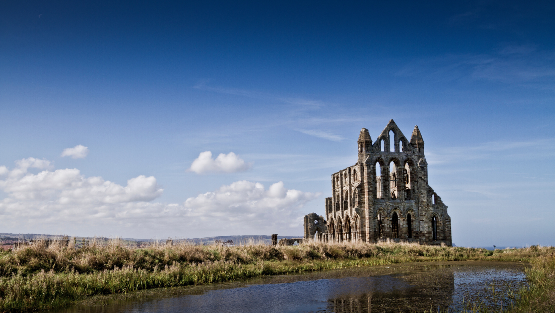 Ruins of Whitby Abbey beneath a clear blue sky, with grassland and water in the foreground.