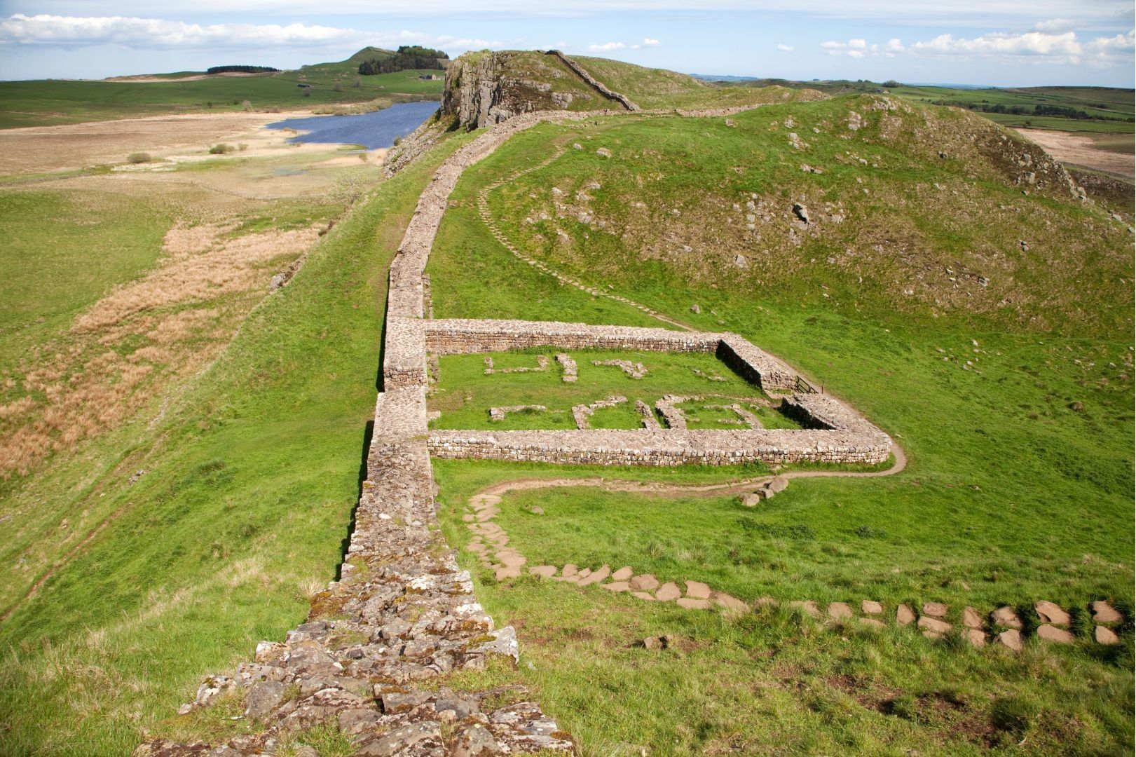 Roman remains beside Hadrian's Wall on the dramatic central section in Northumberland