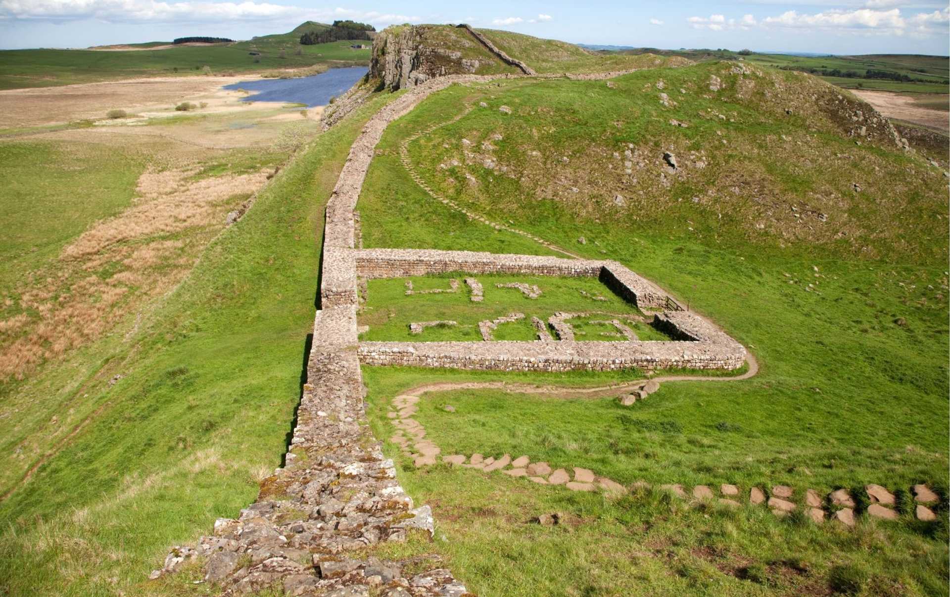 Roman remains beside Hadrian's Wall on the dramatic central section in Northumberland