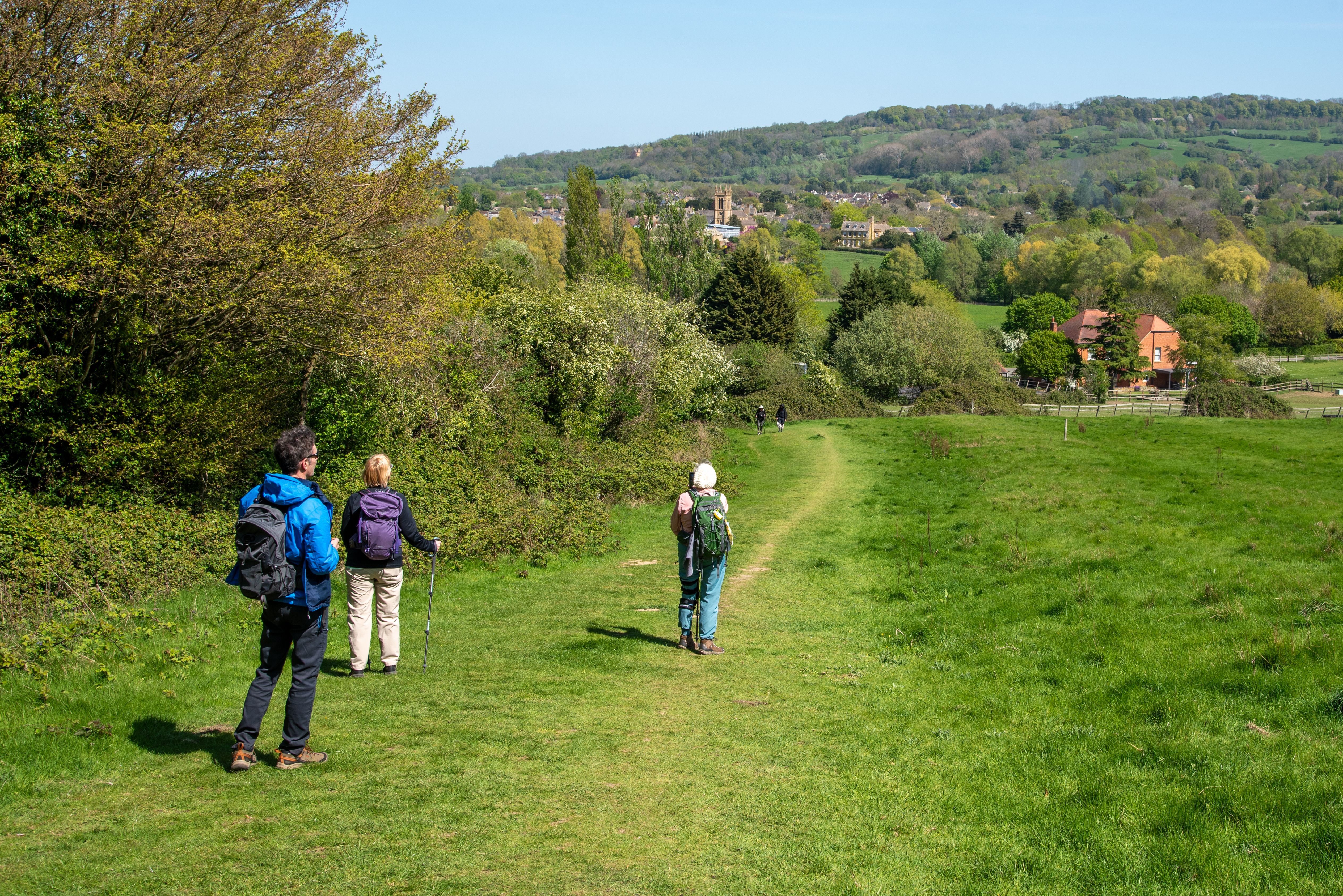 Walkers hiking through lush green grass in Cotswolds