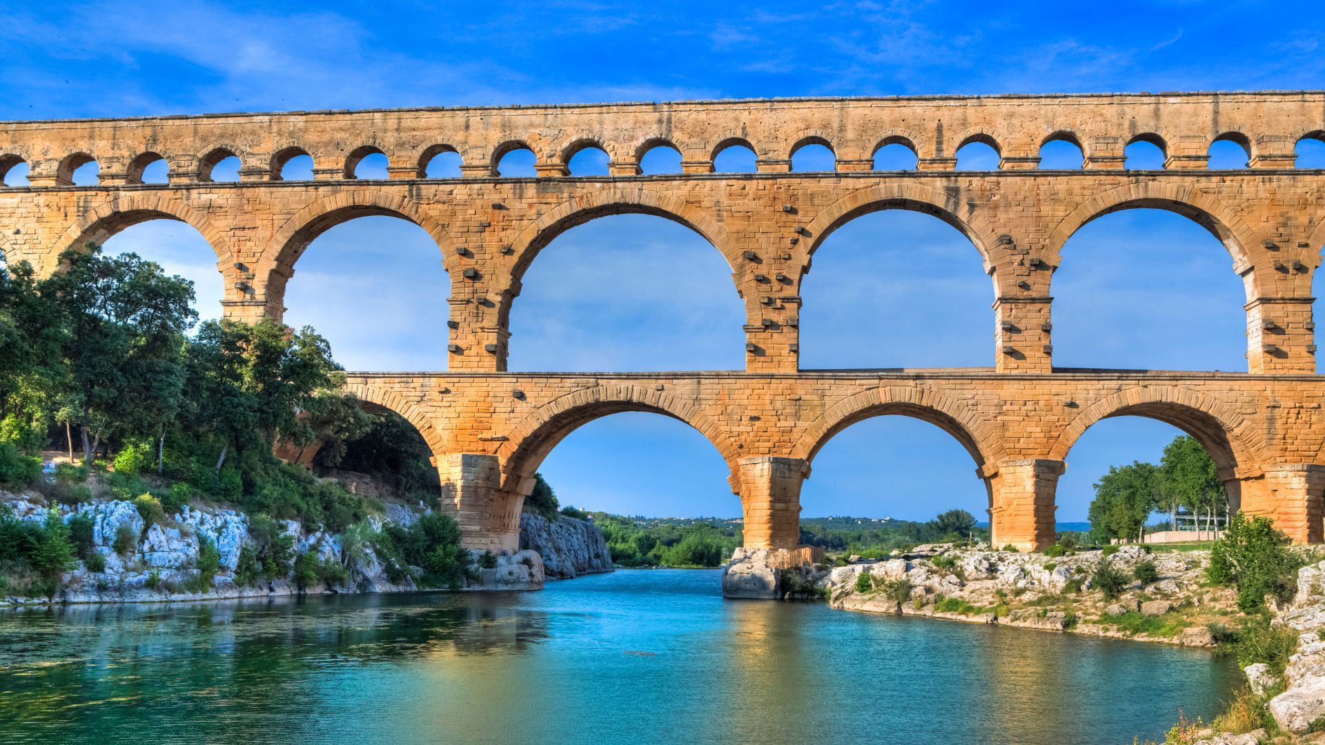 Pont du Gard aqueduct crossing the Gardon River in Provence