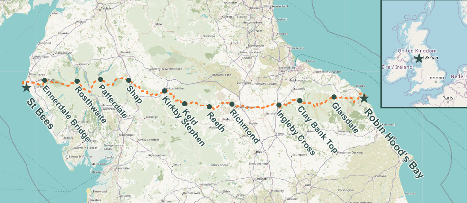 Walking Holiday route map for the Coast to Coast walk