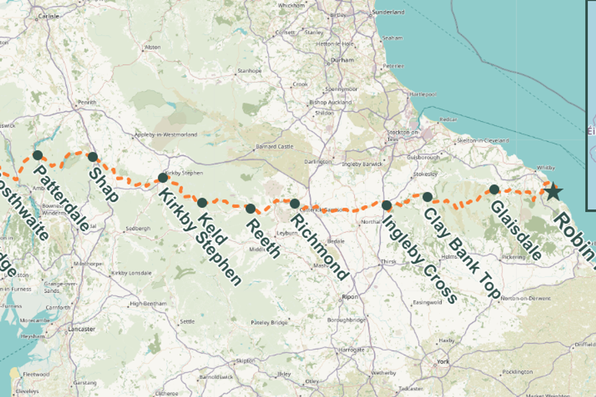 Walking Holiday route map for the Coast to Coast walk
