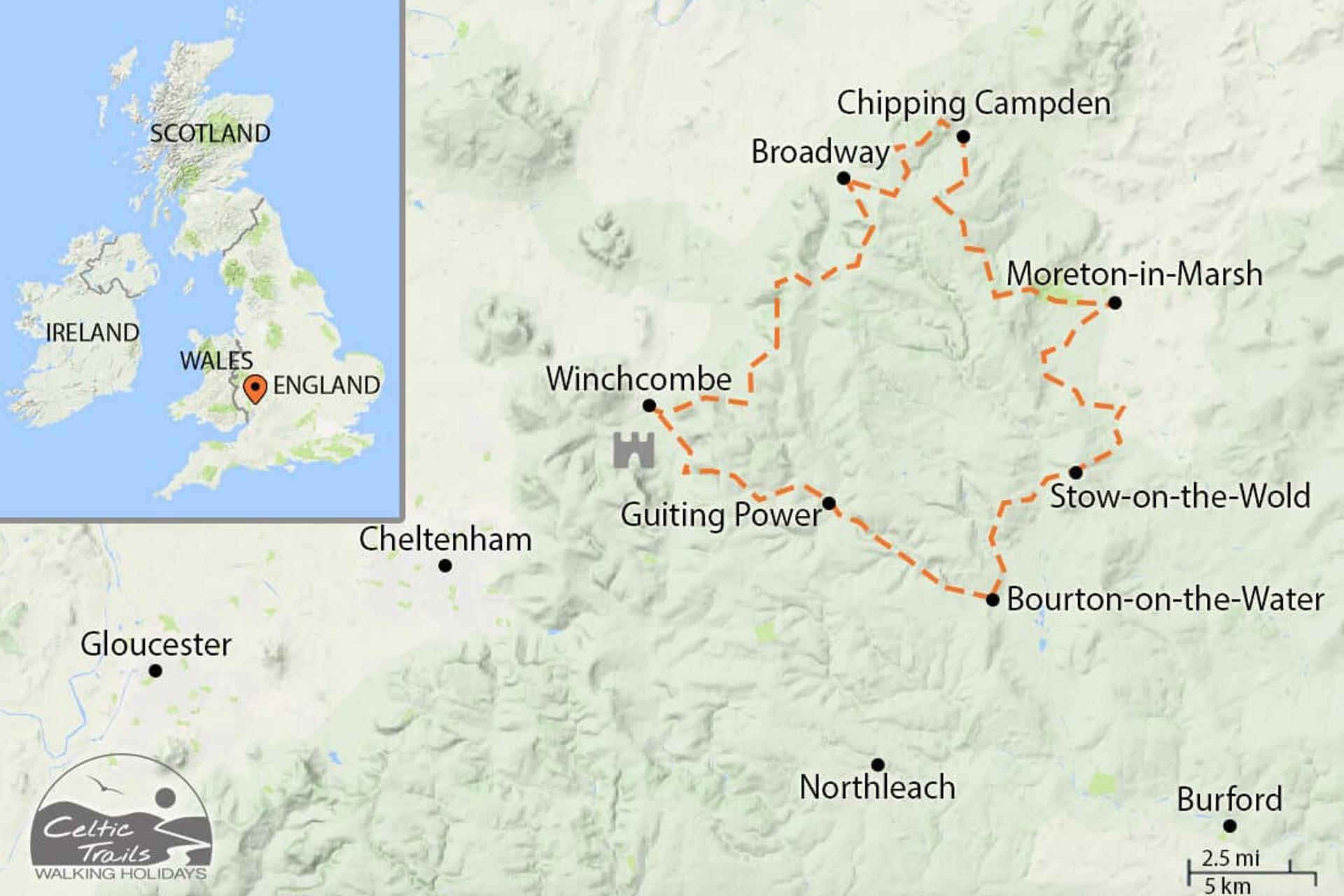 Map of our Cotswold Round Walking Holiday route