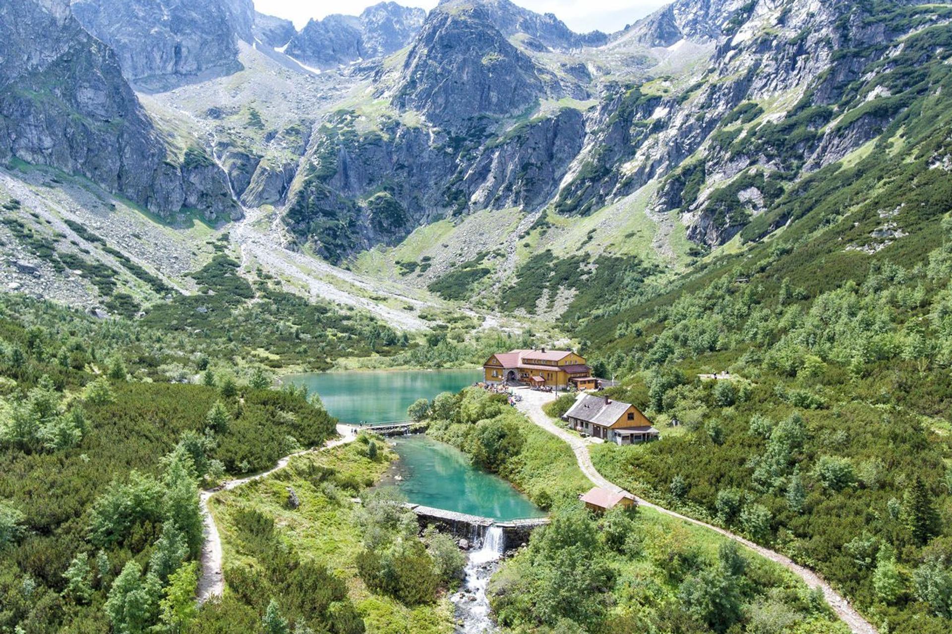 Mountain walking route to Zelené Pleso glacial lake and hut in the High Tatras