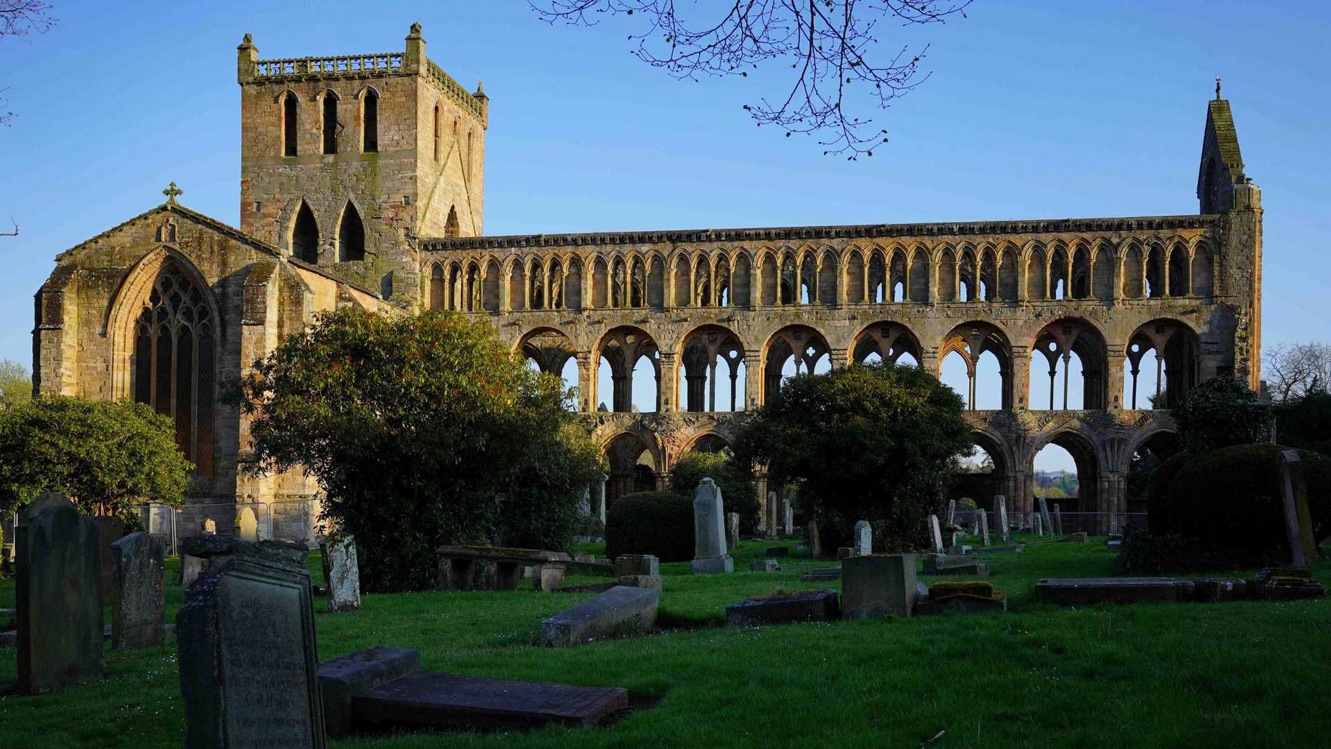 The ruins of a large stone abbey with a tower, set in a grassy graveyard under a clear blue sky.