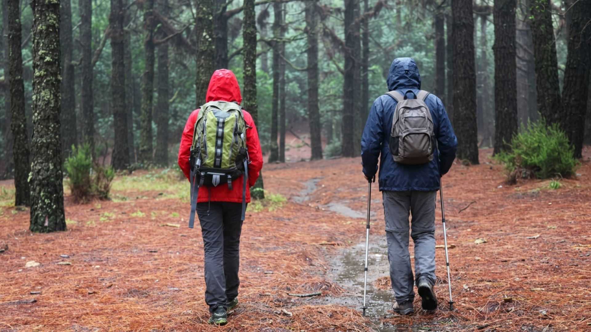 Two walkers on a self guided walking h in a rainy woodland