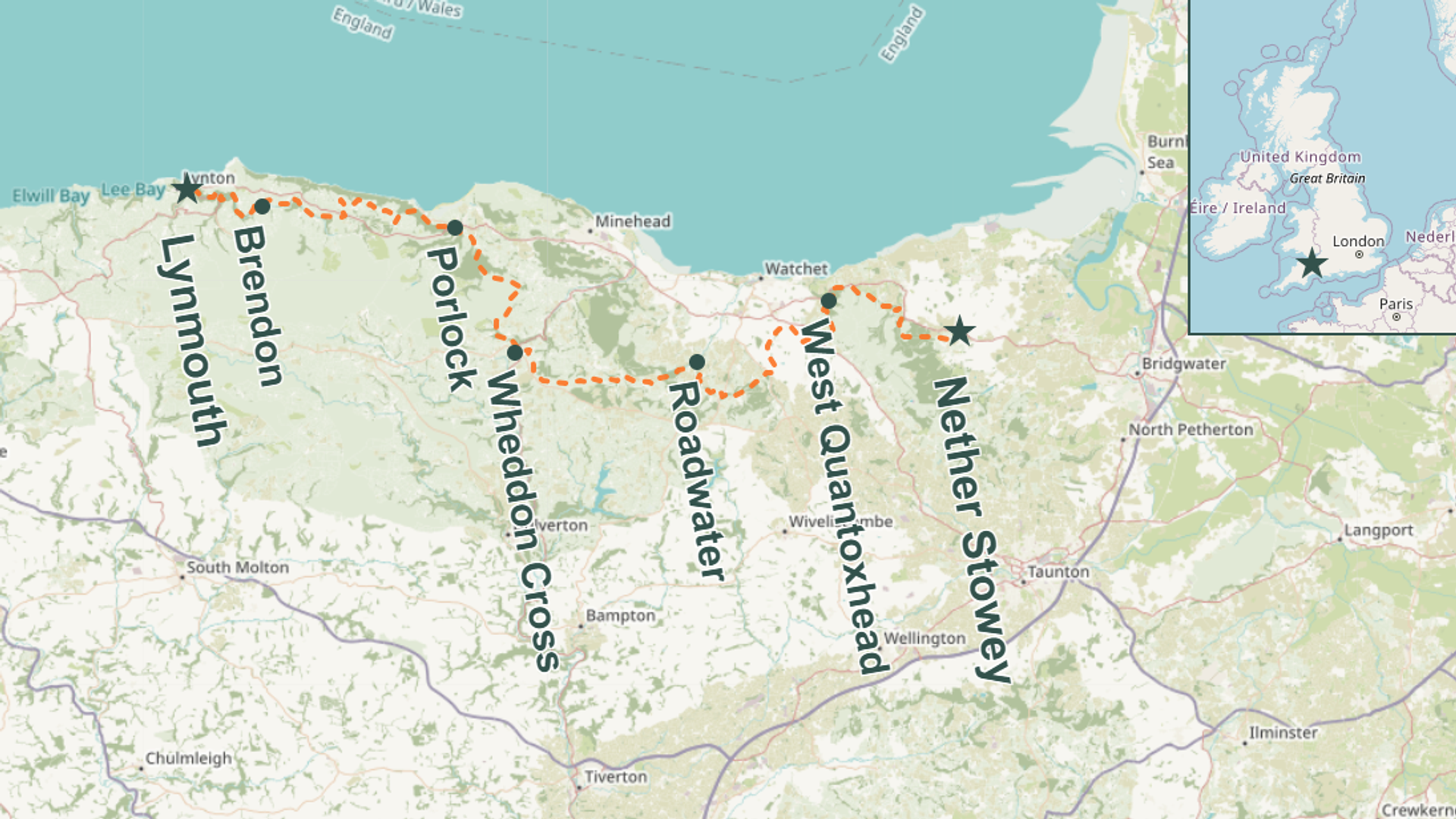 Map of the Coleridge Way route from Nether Stowey to Lynmouth via Exmoor and the North Devon coast