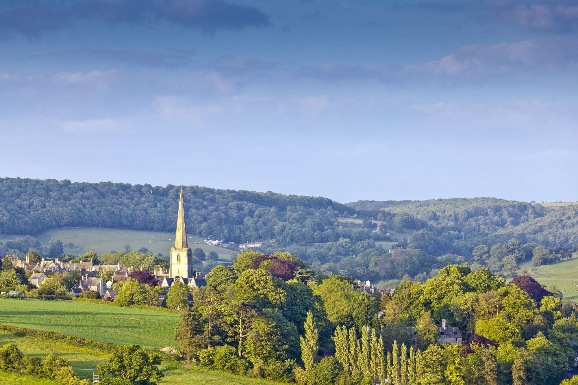 Image of spire of St. Lawrence, Stroud, Cotswold Way, walks in Chipping Campden