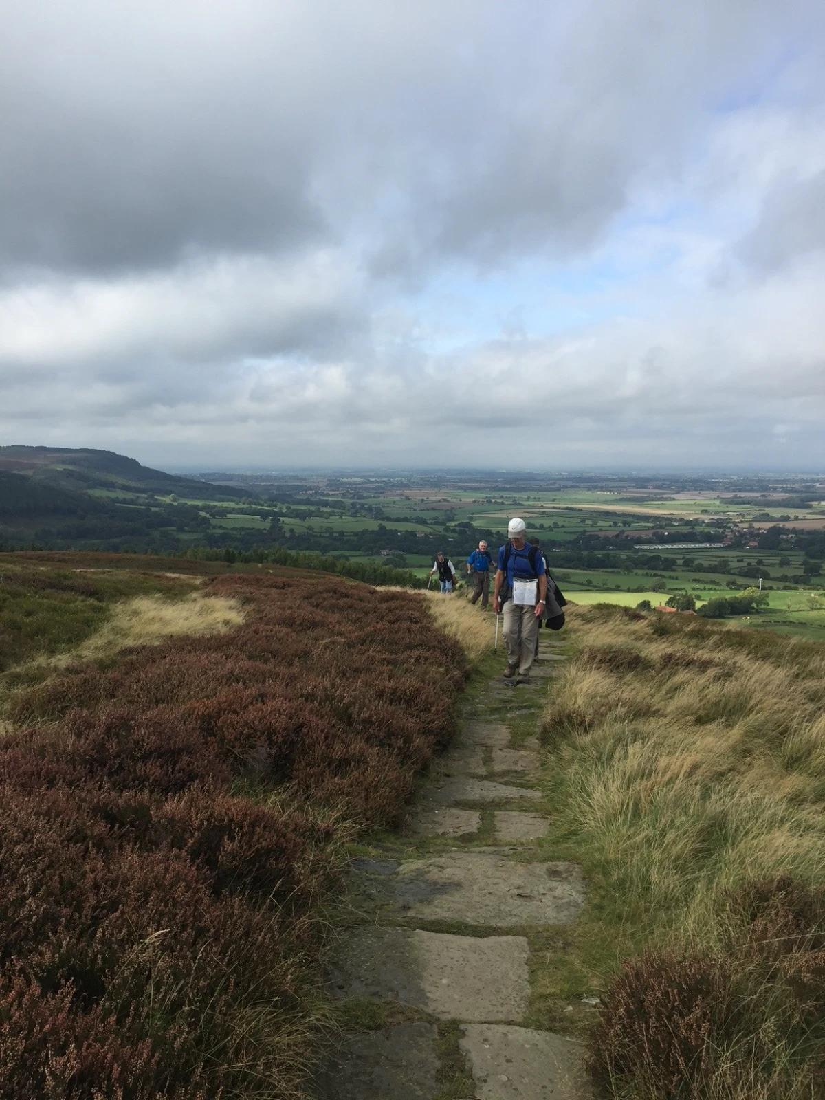 Walkers on a stone path across open moorland on the Coast to Coast Walk
