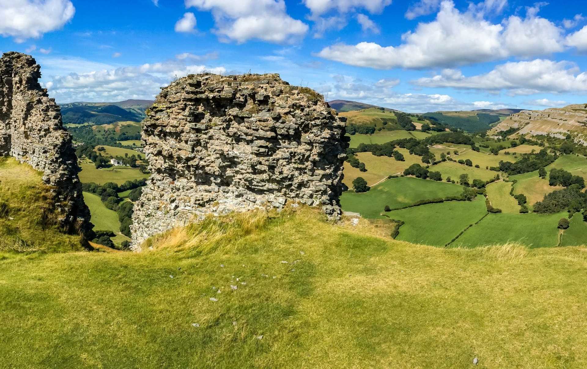 Ruined hilltop fortifications overlooking the Welsh Marches on the Offa’s Dyke Path walking holiday