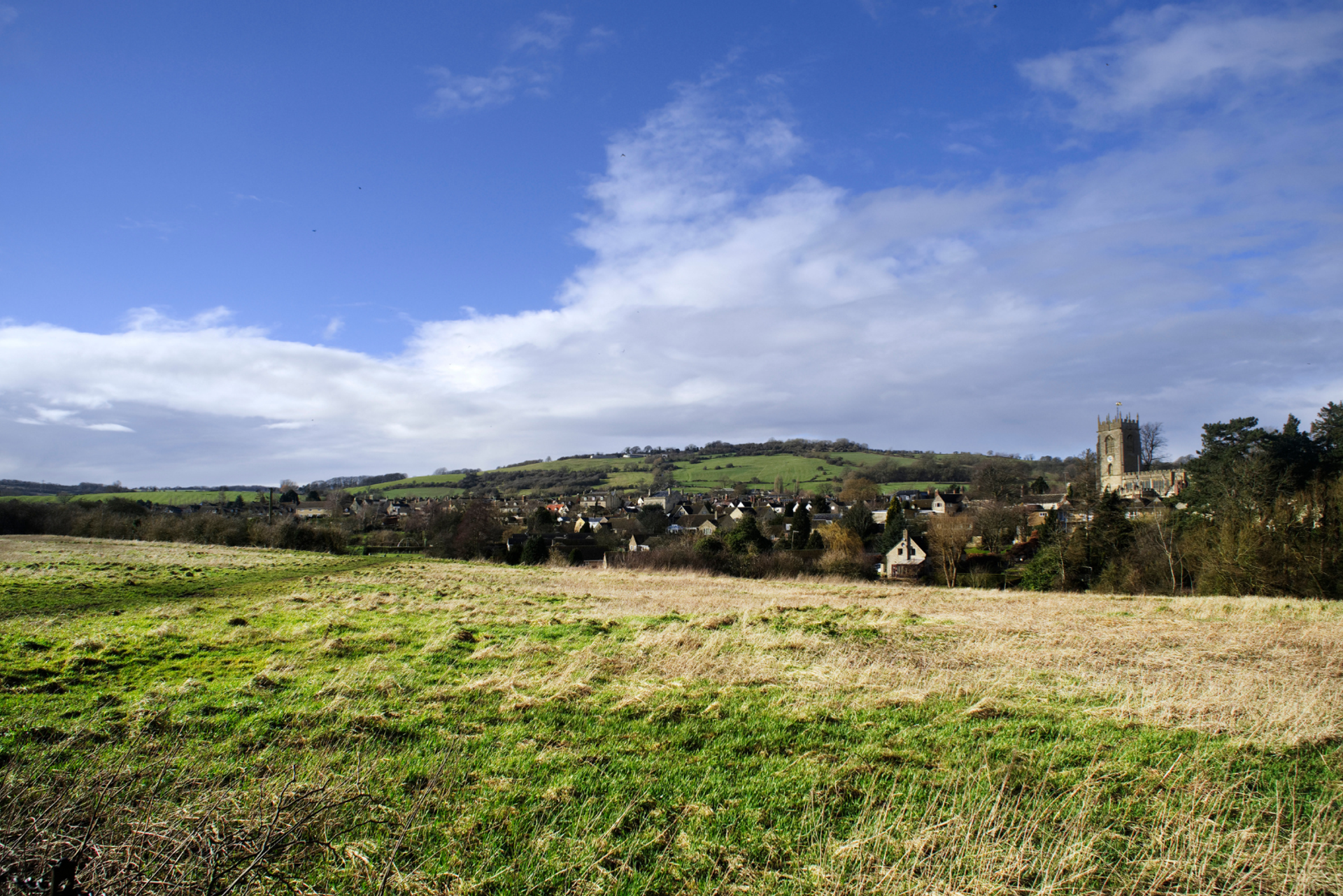 Open countryside overlooking Winchcombe and the surrounding Cotswold hills.