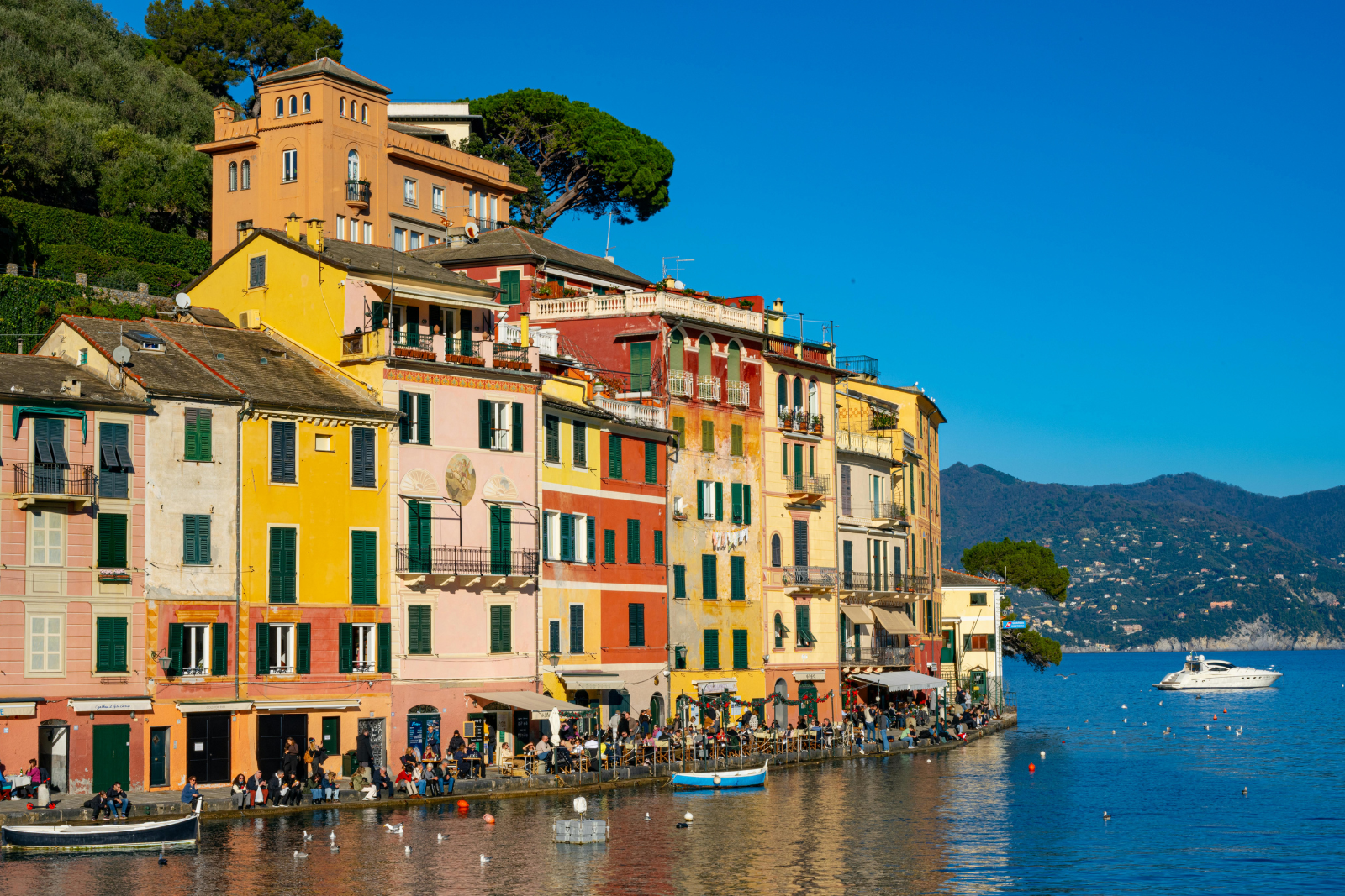 Colourful waterfront buildings overlooking Portofino harbour.