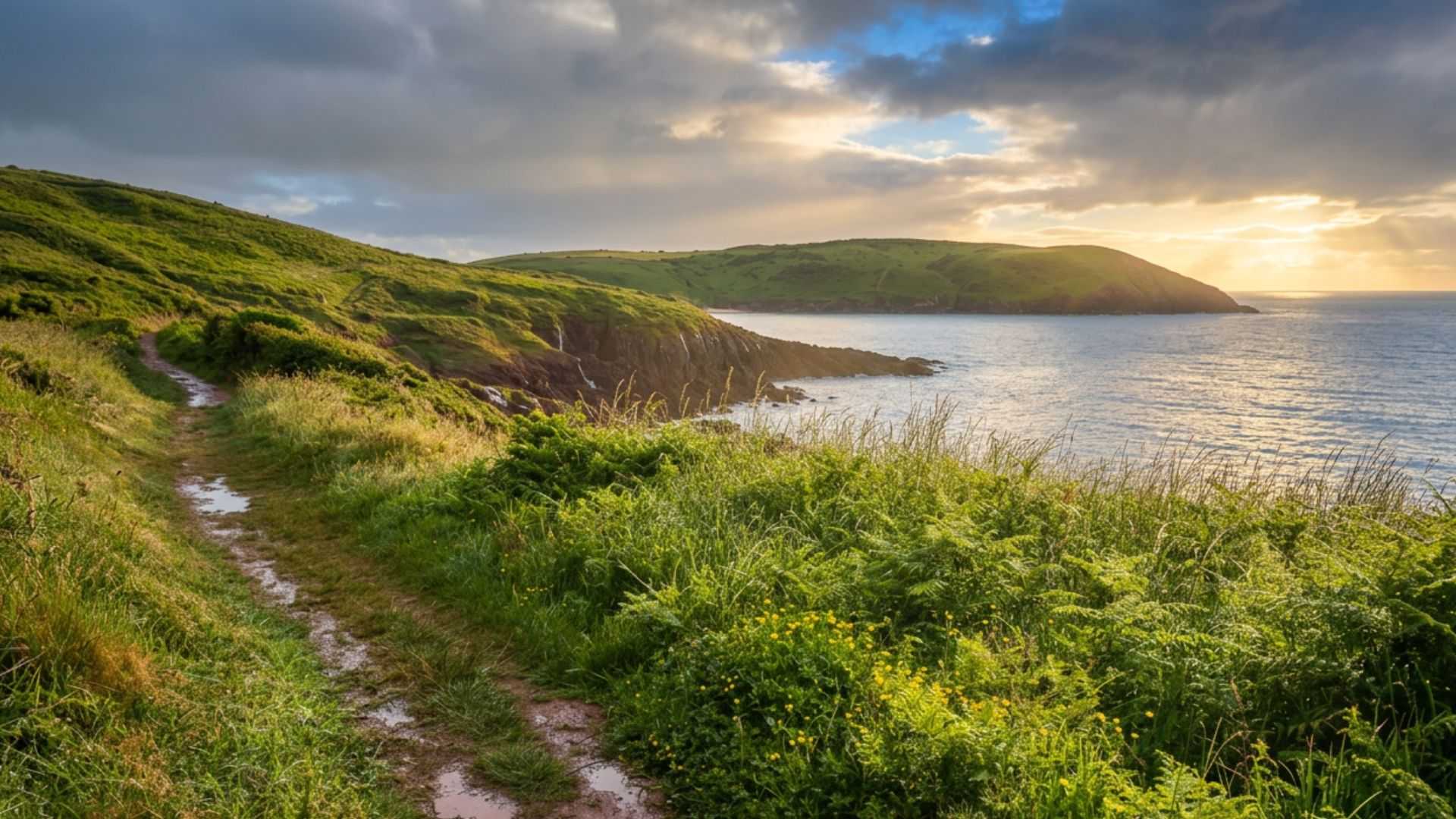Coastal path sun breaking through after rain