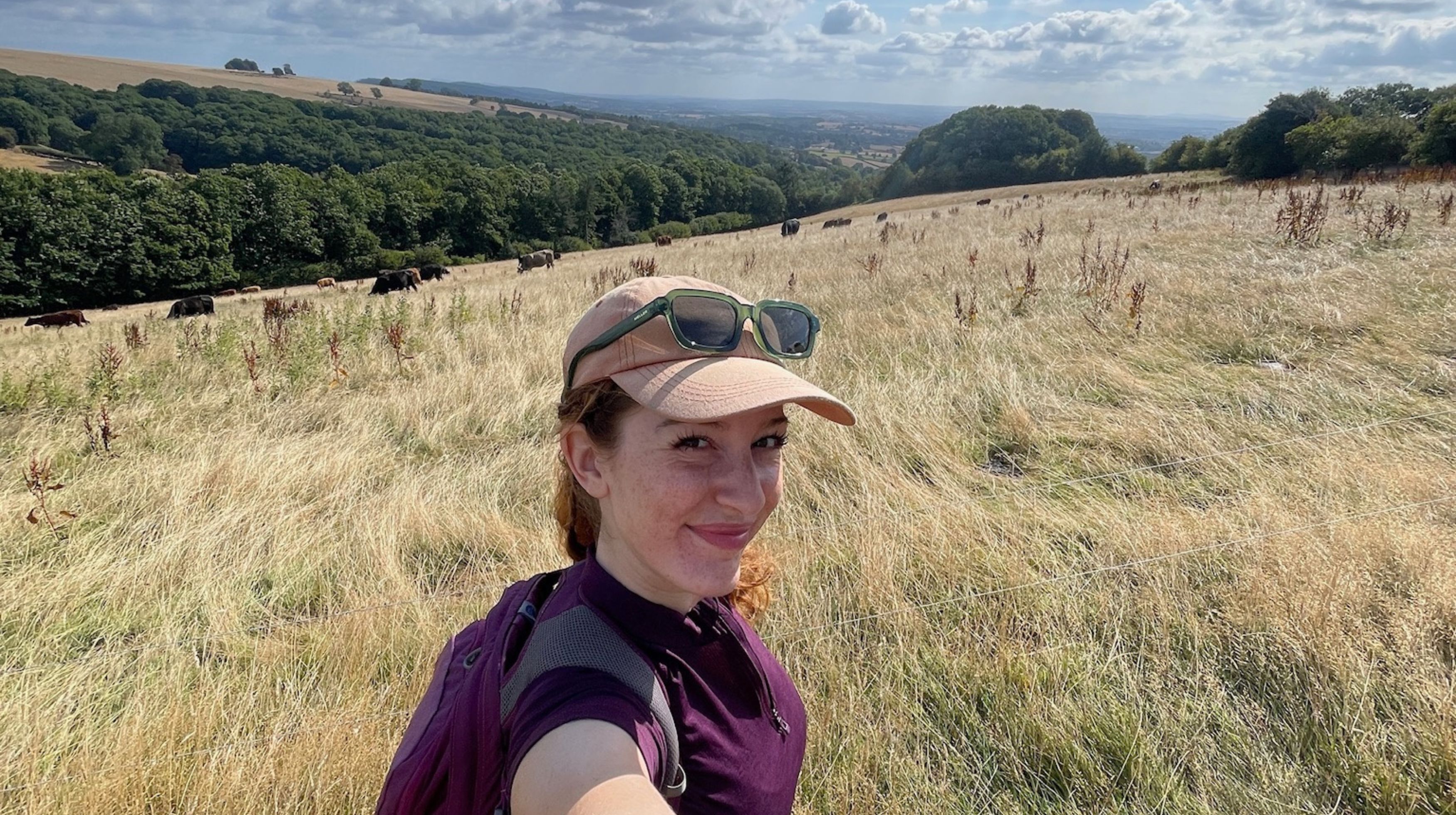 A person wearing a cap and sunglasses takes a selfie in a field of dry grass with cows in the background and a view of rolling hills.