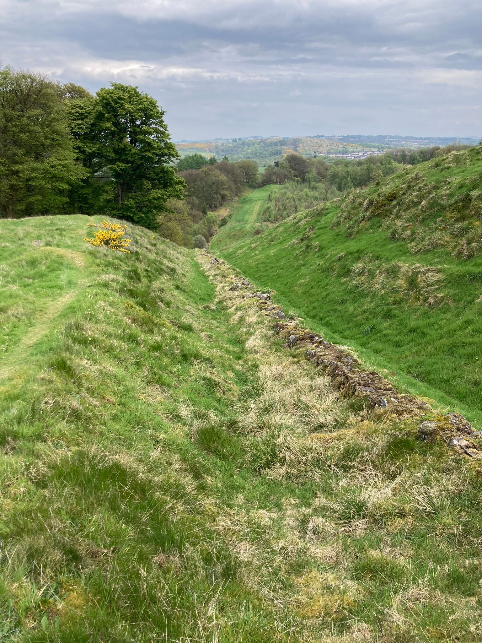 Grassy ditch and earthworks of the Antonine Wall beside the John Muir Way.